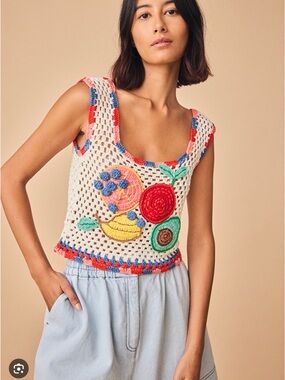HUNTER BELL Cream Crochet Fruit Appliqué Tank Top with Red, Blue & Green Accents